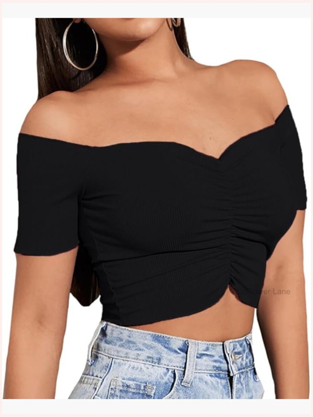 Off Shoulder Ruched Short Sleeve Rib Knit Sexy Crop Top Blouse